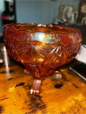 Iridescent Red-Orange Carnival Glass Footed Bowl
